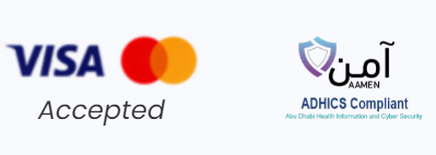 Visa & Mastercard accepted · AAMEN ADHICS compliant (Abu Dhabi Health Information & Cyber Security)